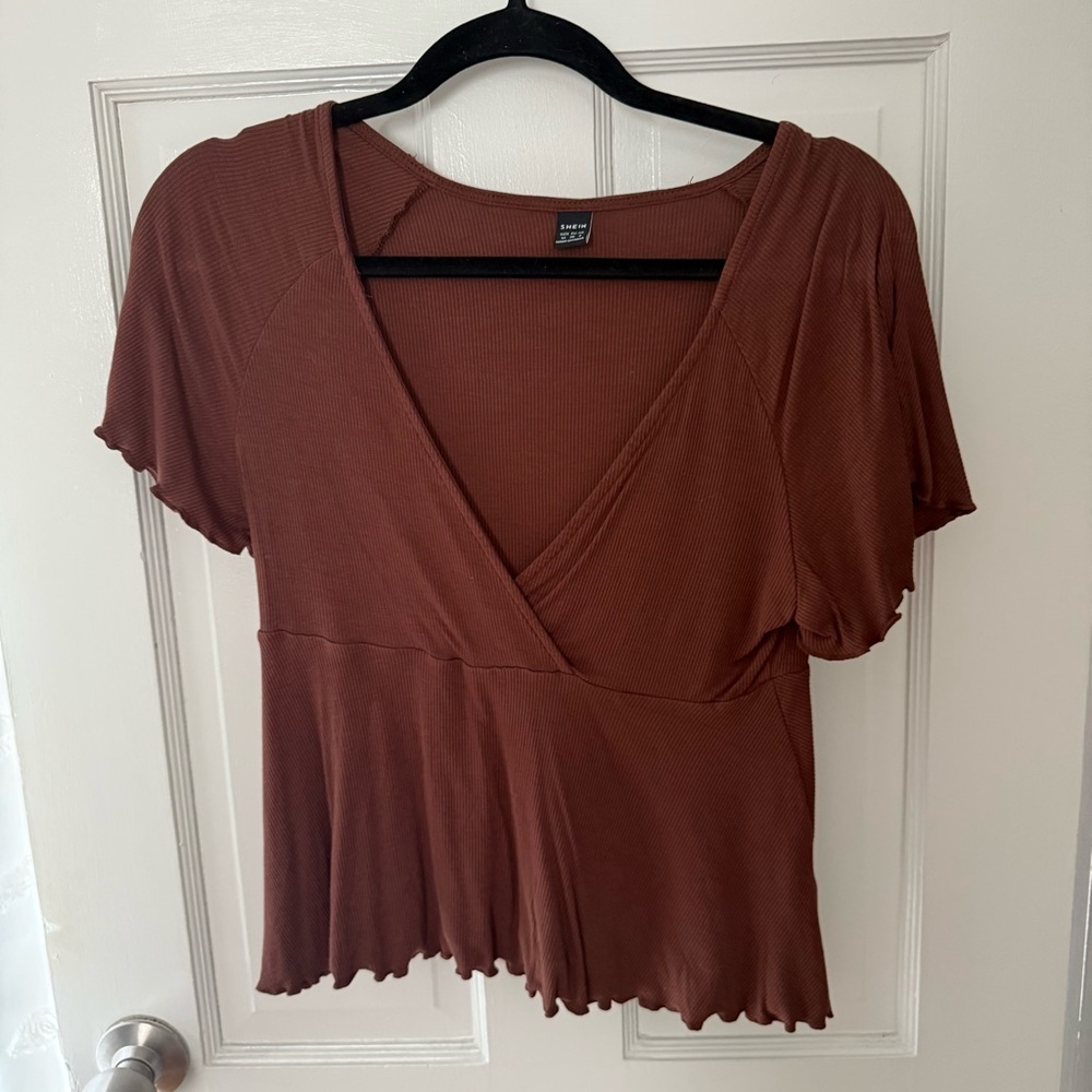SHEIN: Brown V-Neck Women's Top